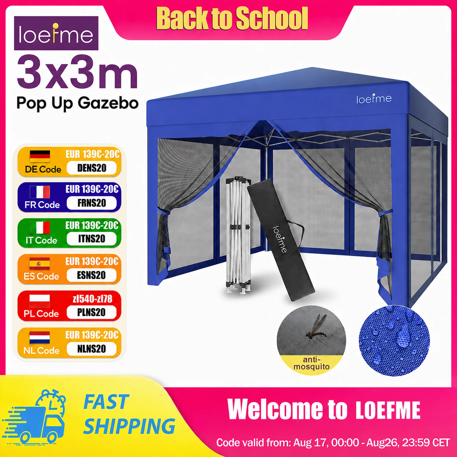 LOEFME 3x3M Pop-Up Pavillon mit Moskitonetz, wasserdichtes Zelt mit Netzseitenwänden und UV-Schutz für Camping, Terrasse und Garten