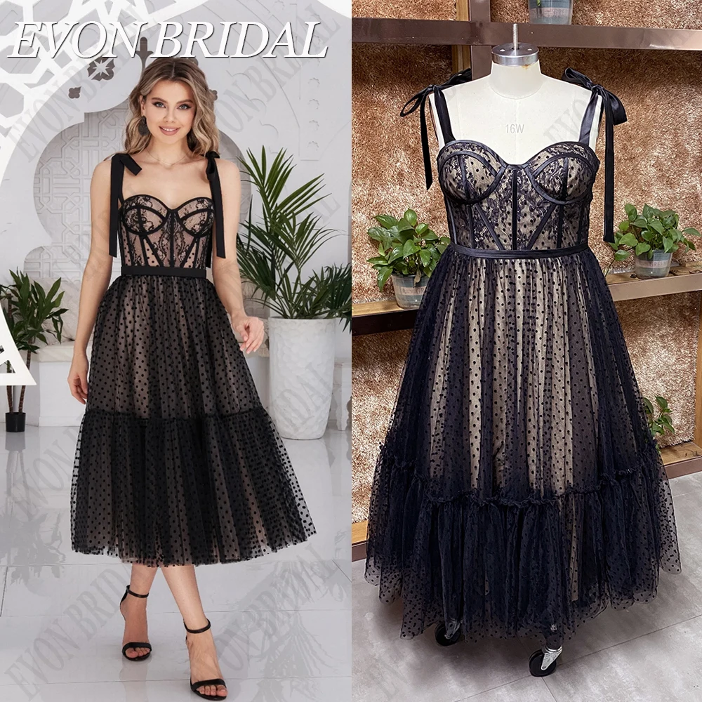 EVON BRIDAL Black Polka Dots Prom Gowns A Line Tea Length Bow Straps Evening Party Dresses Lace Up Backless vestidos de fiesta