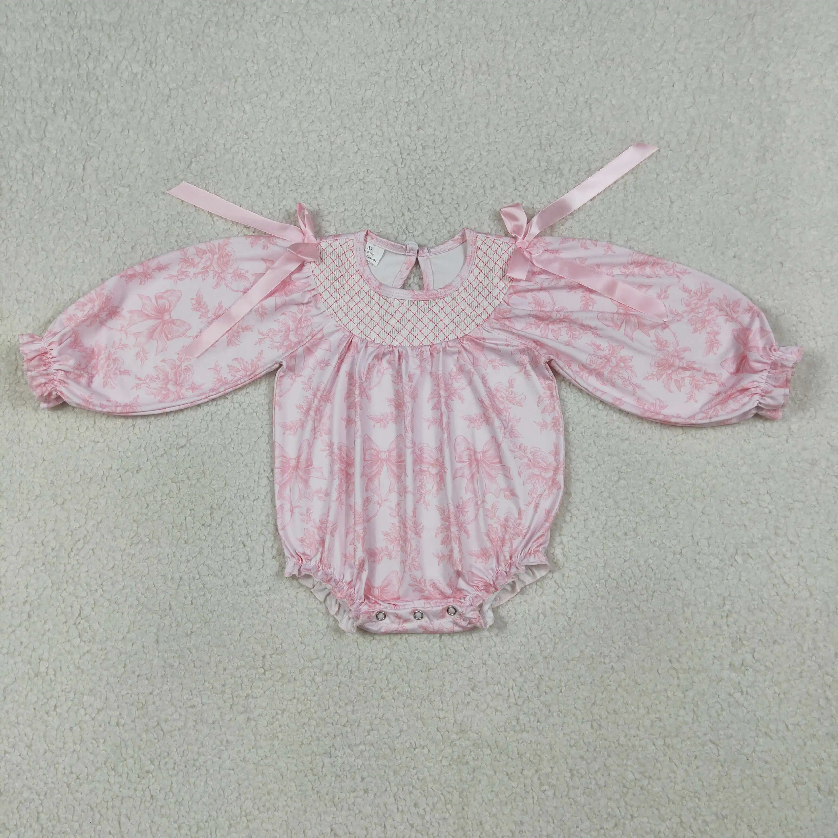 

LR2932 Wholesale Western Style Smocked Checked Baby Girls Flowers Bows Long Sleeve Ruffle Rompers