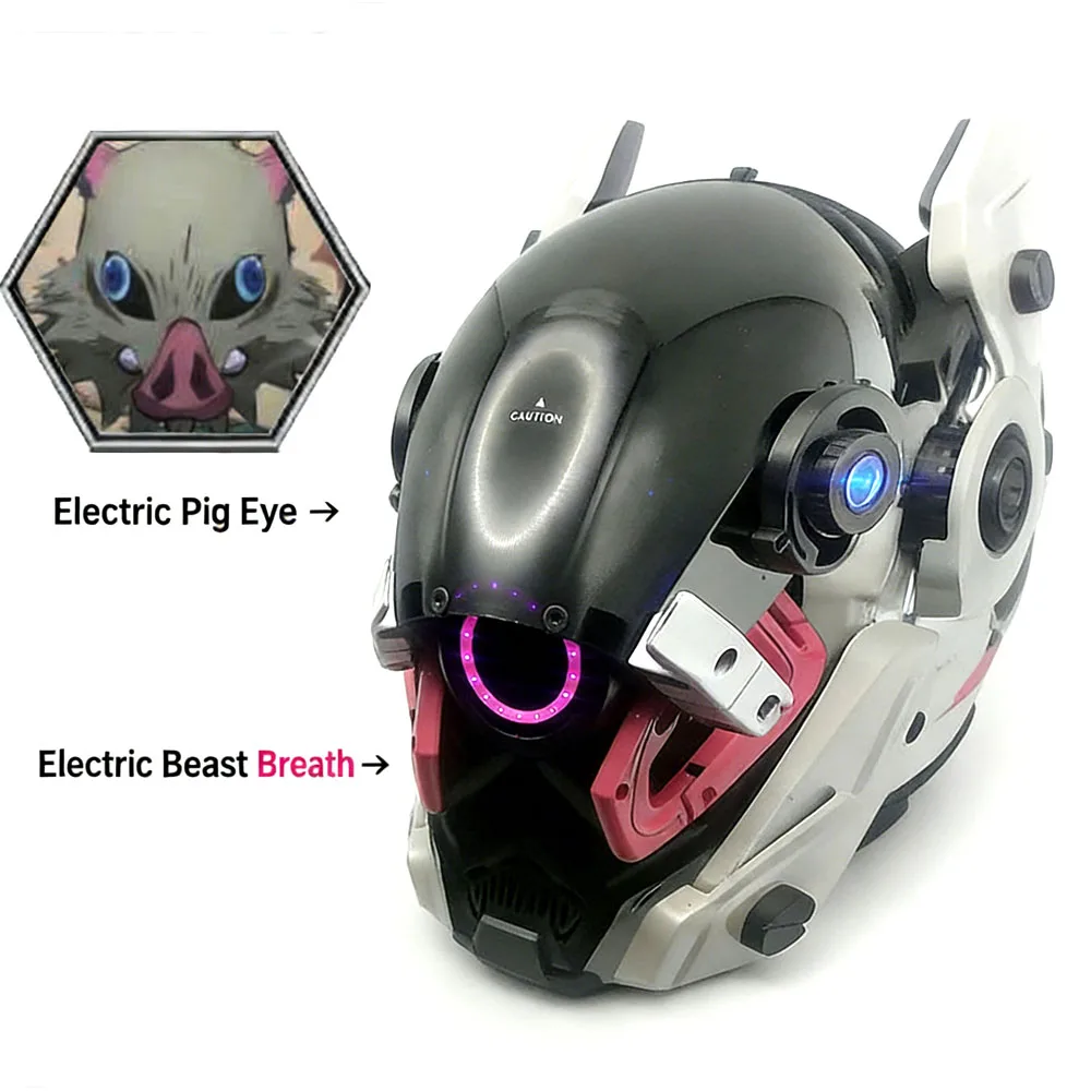 Inosuke's Mecha Punk Helmet, Adult Futuristic Techwear Helmet with LED Lamp for Halloween Cosplay Cool Costume Accessory