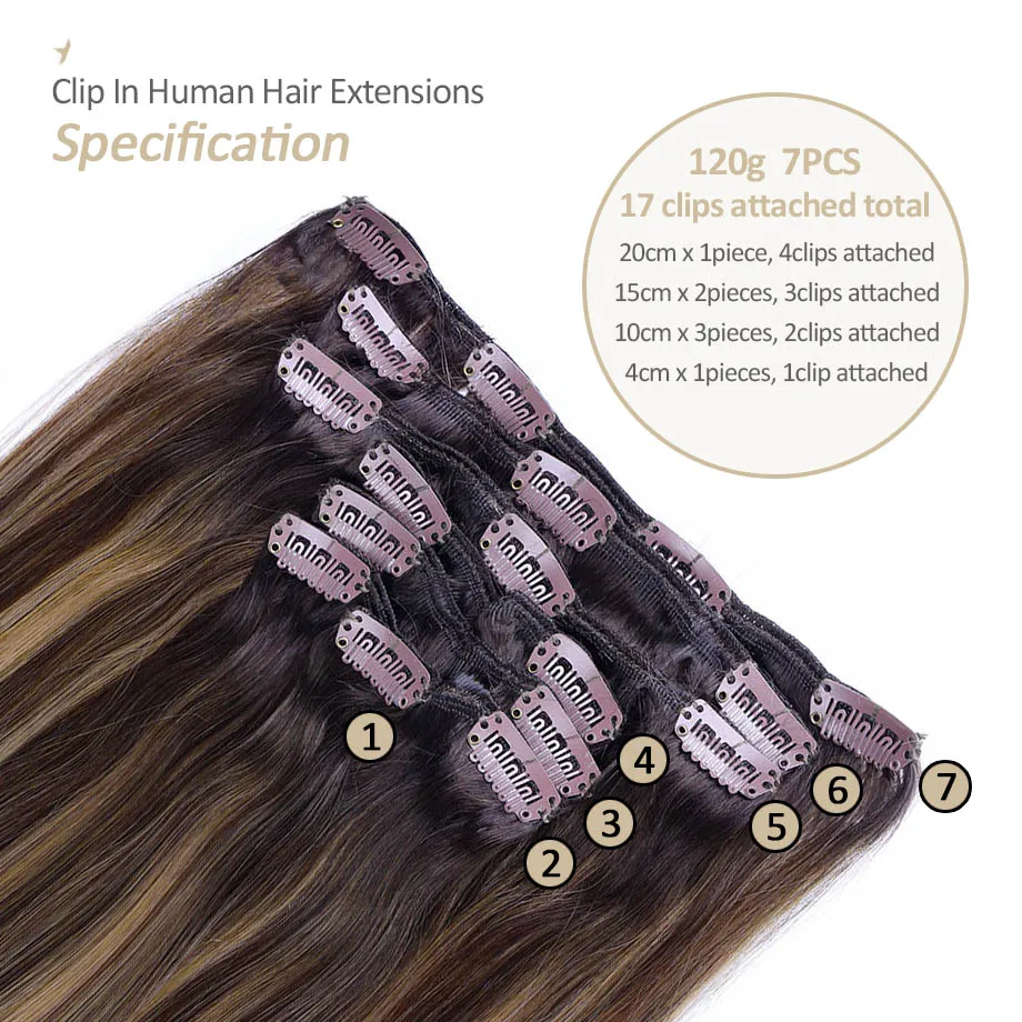 Human Hair Clip in Hair Extensions Straight Remy Human Hair 120g 7Pcs Balayage Chocolate Brown Dirty Blonde Extensions Clip ins