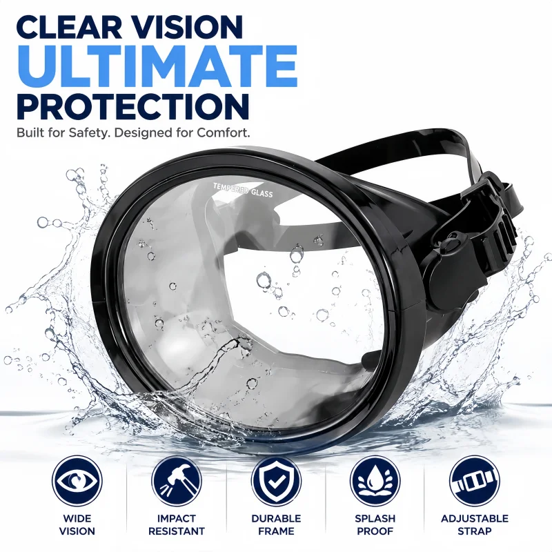 Classic Retro-Style Panoramic Wide View Scuba Goggles Tempered Glass Lens for Adults Oval Diving Mask Spearfishing Mask