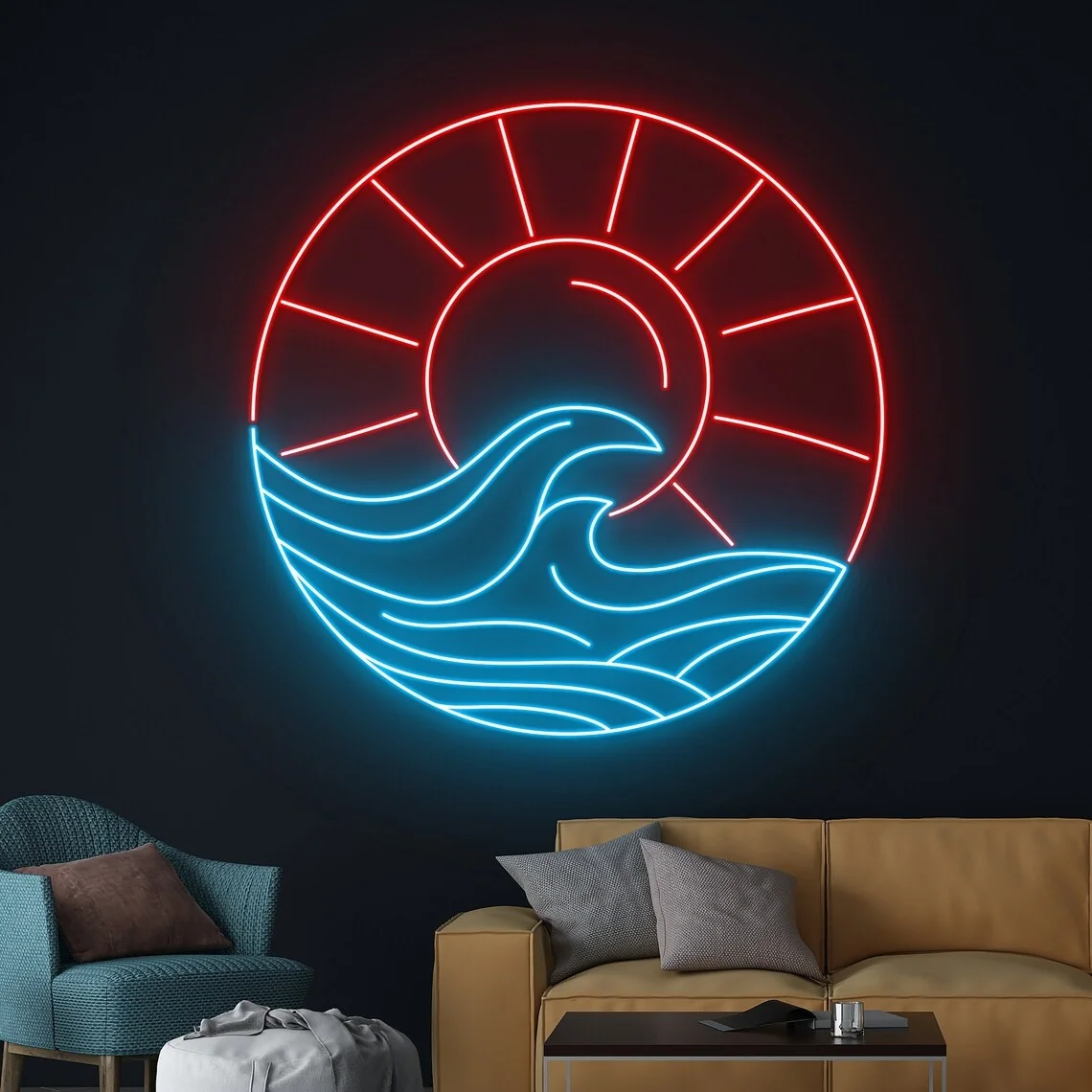 Sun Ocean Waves Neon Sign Tropical Sea Island Led Sign Room Wall Decor Marine Neon Light