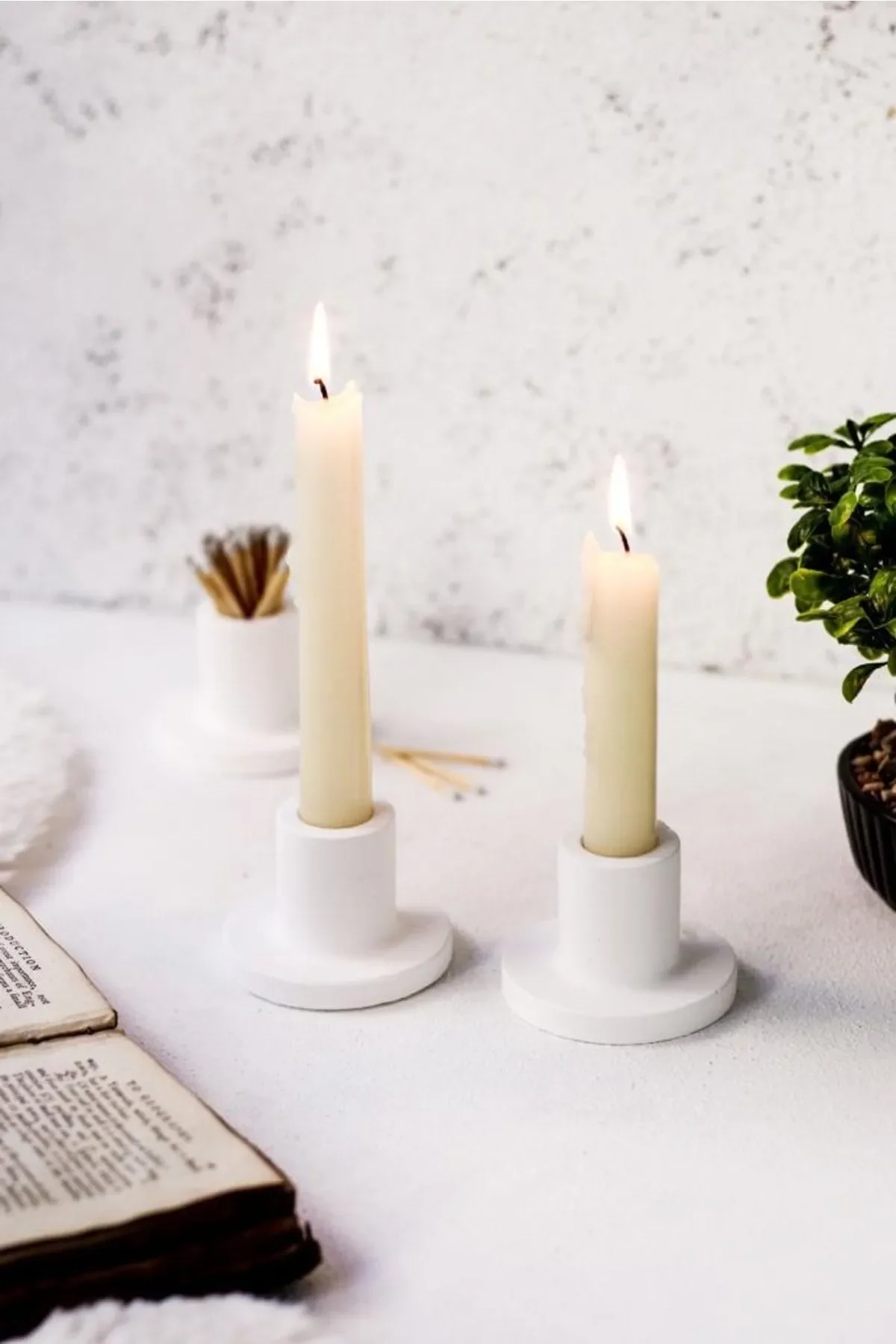 

2 White Concrete Candle Holders Stylish Modern Innovative Beautiful (candles not included)