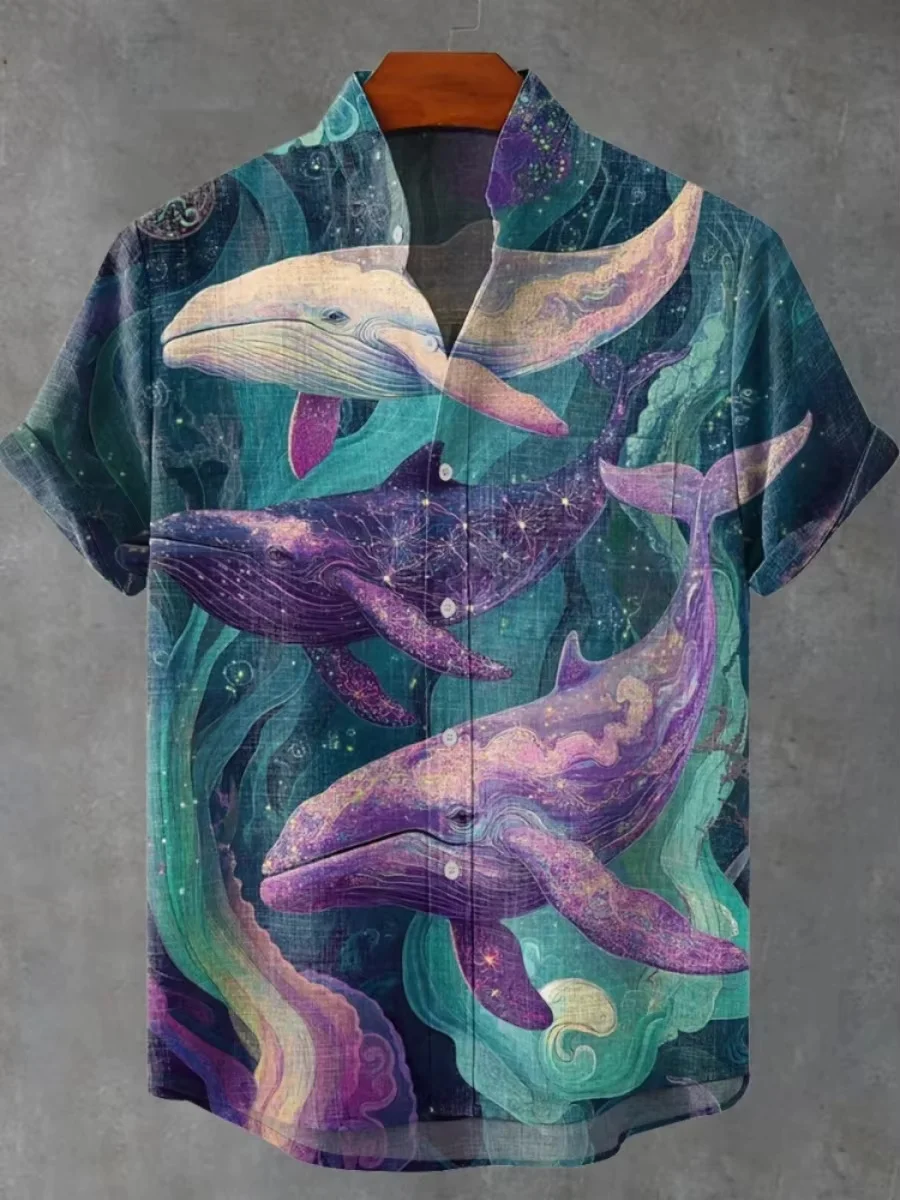 Новая мужская рубашка из льняной удобной ткани с короткими рукавами и принтом рыбы в стиле ретро, гавайская рубашка, быстрая доставка