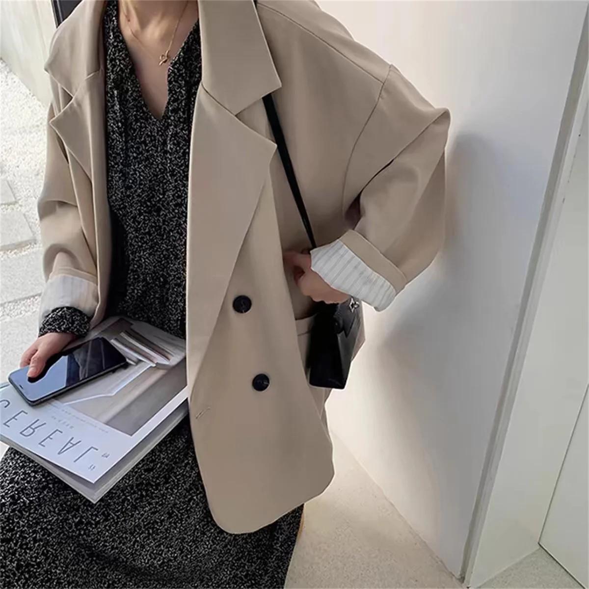 سترة بنية عتيقة للسيدات أنيقة رسمية موضة ربيع الخريف بأكمام طويلة كبيرة الحجم أنيقة رداء غير رسمية سترة 2025 جديد #3