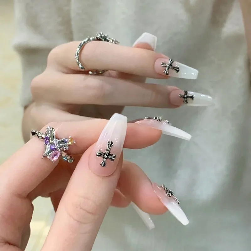 Mid-length T-shaped False Nails White Transparent Gradient Design Fake Nails Full Coverage Waterproof Detachable Artificial