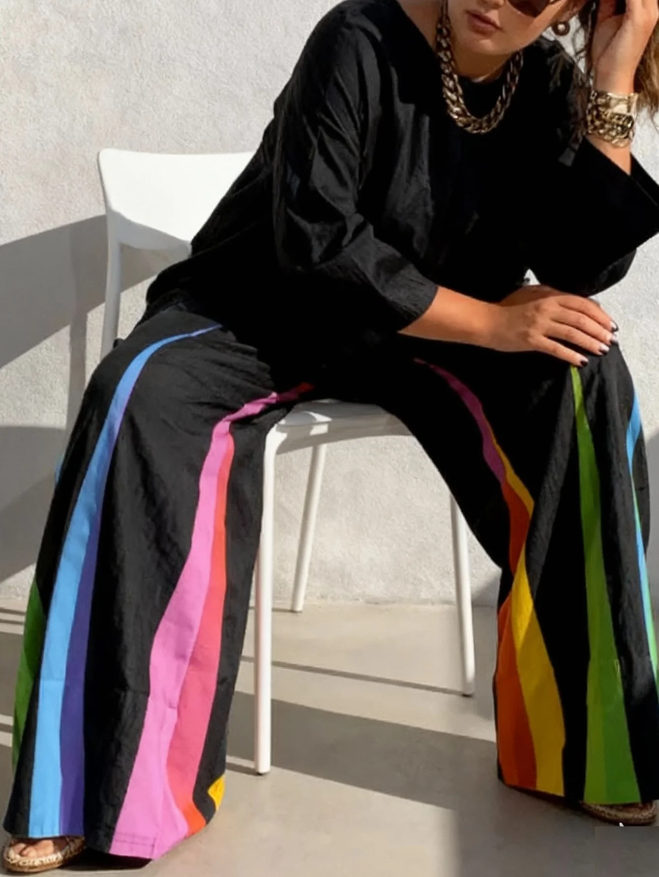 レディースジャンプスーツ、無地カジュアル長袖ストライプ丸首ジャンプスーツ