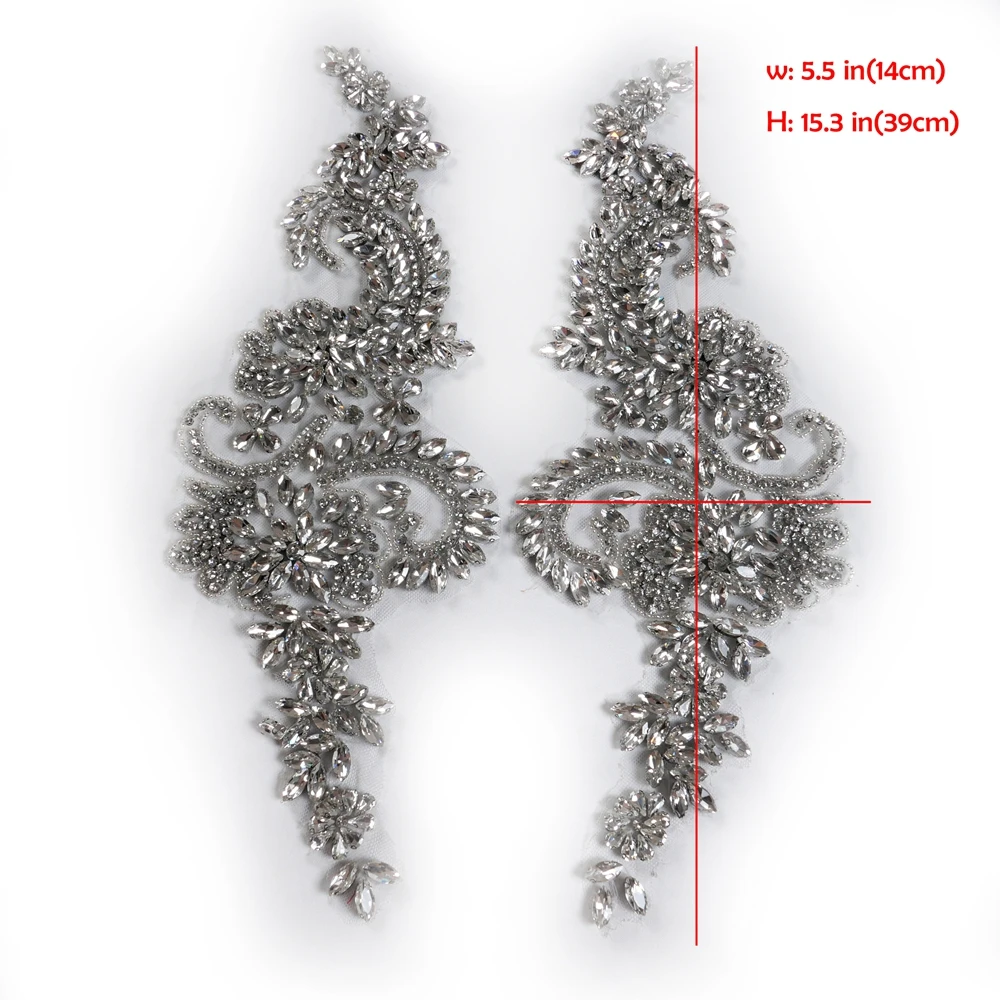 HelluyerDc Silver rhinestones beaded applique,14cm*39cm large applique for clothing decoration, embroidery on tulle sew on patch