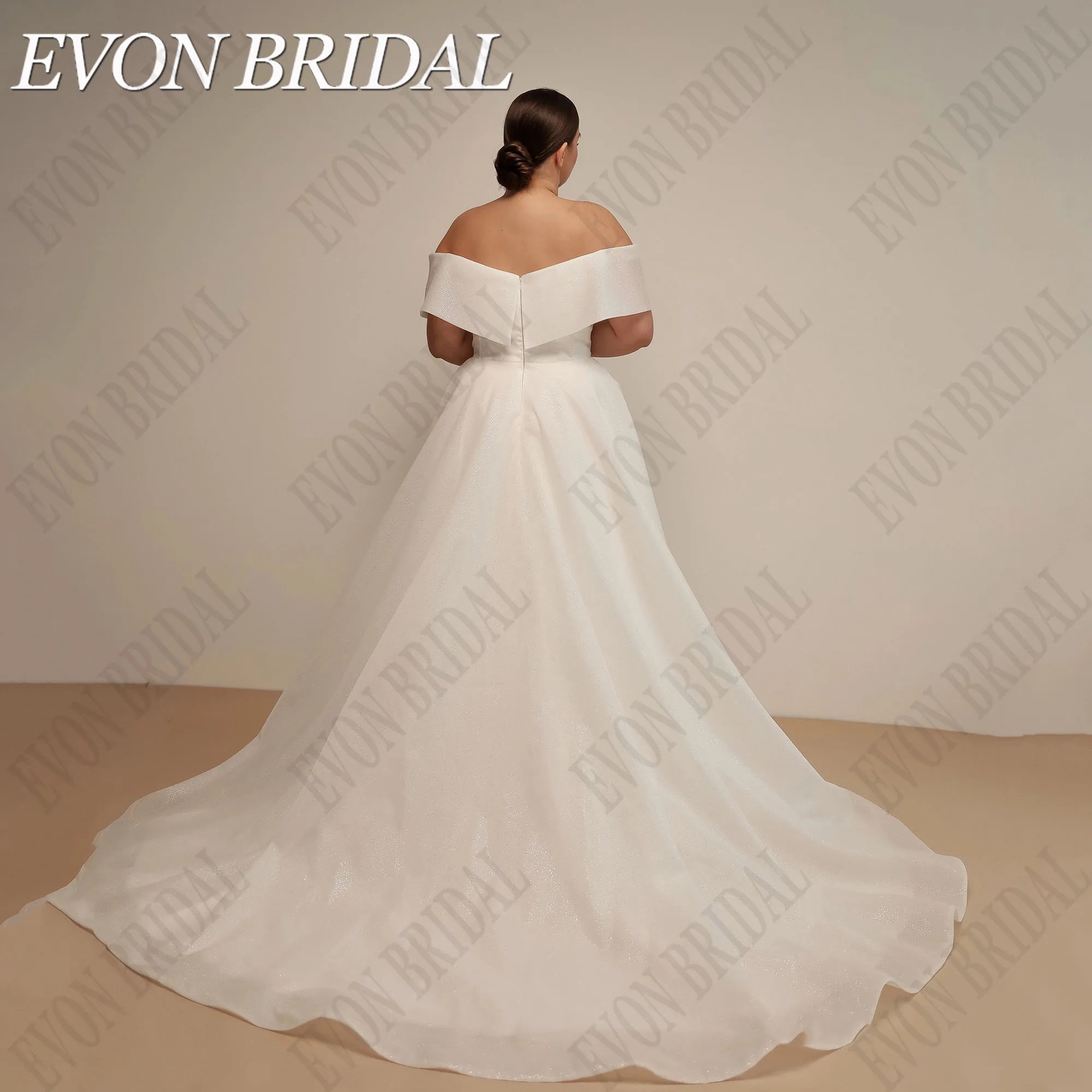 EVON BRIDAL Oversize Glitter Tulle Wedding Gowns For 2024 Bride Off Shoulder Sparkly Wedding Dress A-Line Bride Gown Sweep Train