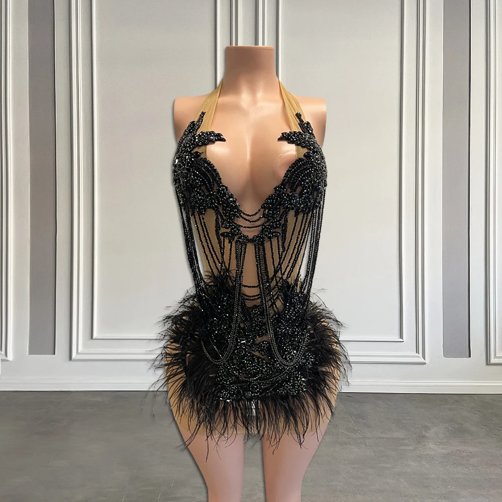 Luxury Beaded Tassels Short Formal Prom Party Dress 2024 Sexy Halter Black/Green Feathers African Women Birthday Cocktail Gowns