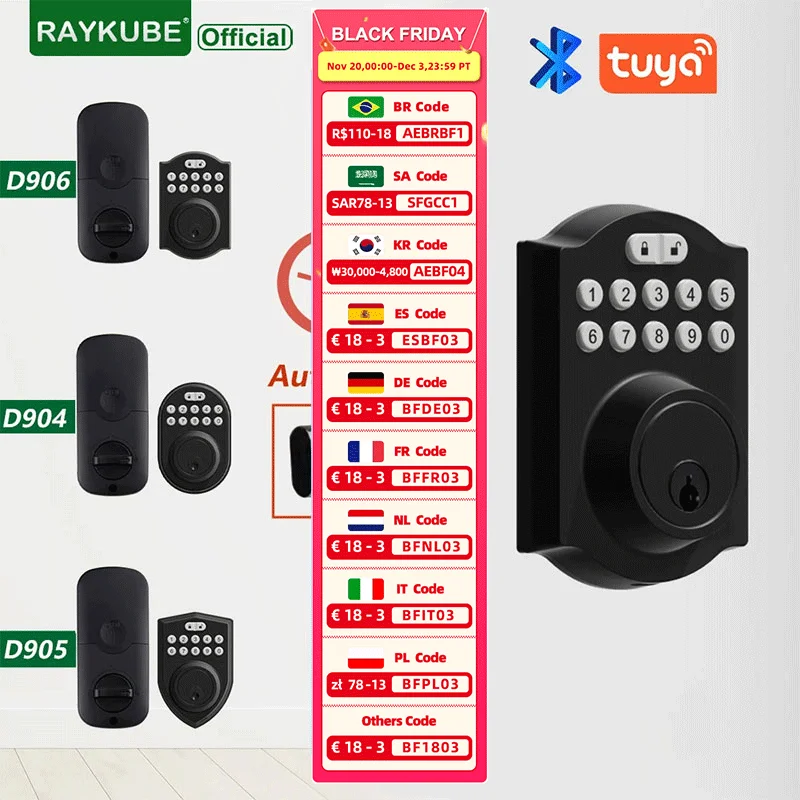 RAYKUBE Tuya BLE Timed automatic lock Deadbolt Smart Door Lock Digital Lock With Password/Key/APP Remote Unlock D904/D905/D906