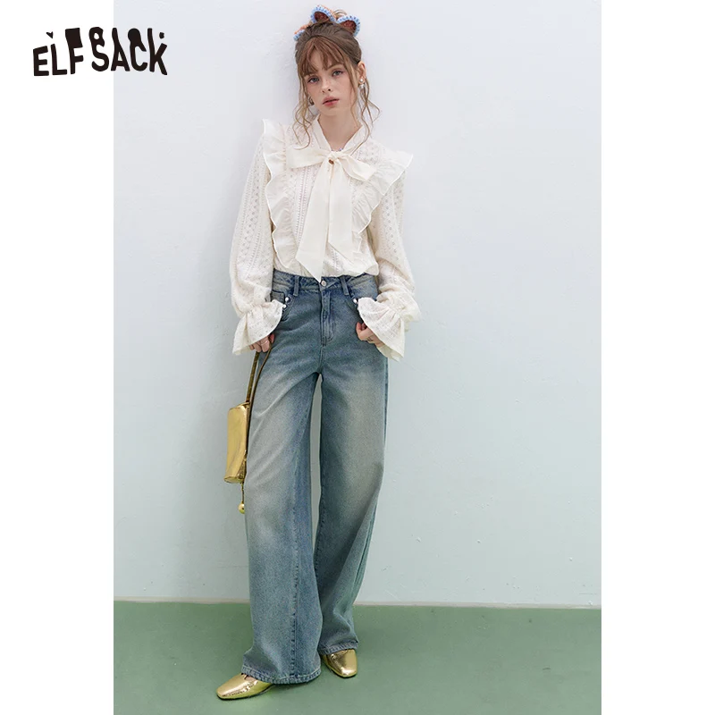 ELFSACK 2025 Spring New Arrivals French bow tie white lace blouse for women Korean sweet Flare Sleeve top