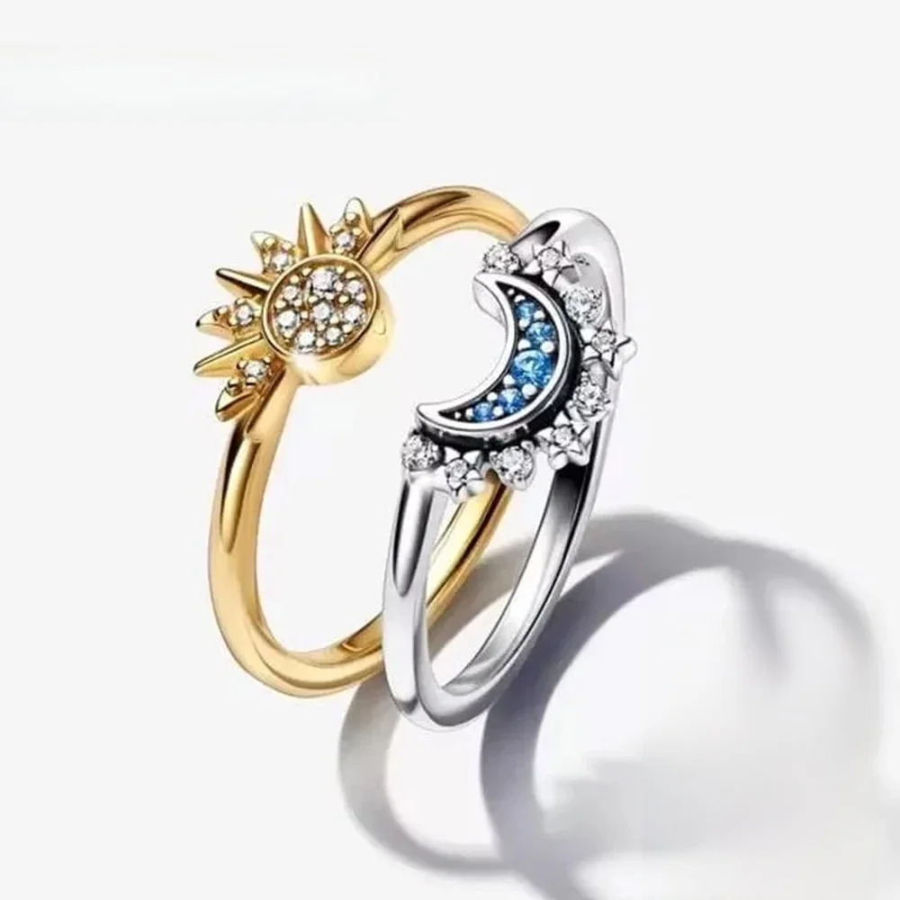 Ring-Set für Sonnen- und Mond-Paare aus 925er Silber, himmelblau, funkelnde Zirkonia-Ringe, Versprechen, edler Schmuck, Geschenke zum Valentinstag