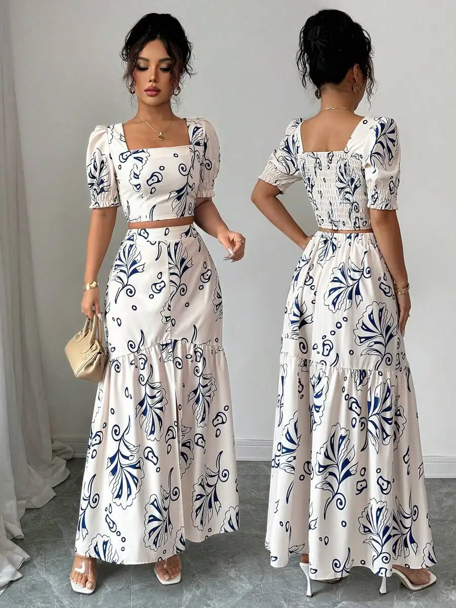 Ensemble deux pièces été 2026 pour femme, haut sexy à imprimé floral + robe longue élégante, tenue décontractée assortie pour rendez-vous et usage quotidien