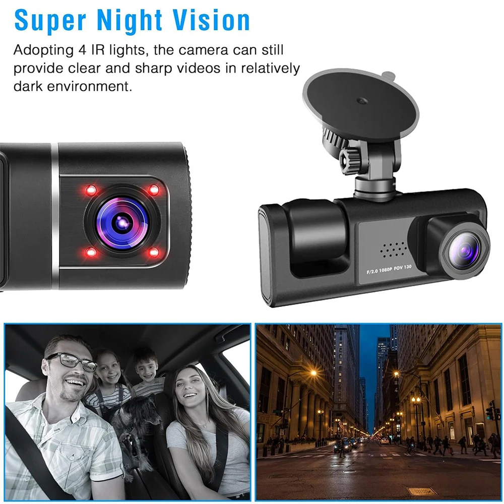 3 Channel Dash Cam Front and Rear Inside 1080P 3 Way Triple Car Camera with IR Night Vision Loop Recording