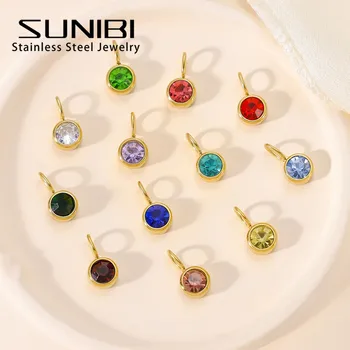 Zirconia Birthstone Pendant 12 Months Color Stone DIY Accessories for Necklace Stainless Steel Jewelry Birthday Gift Wholesale