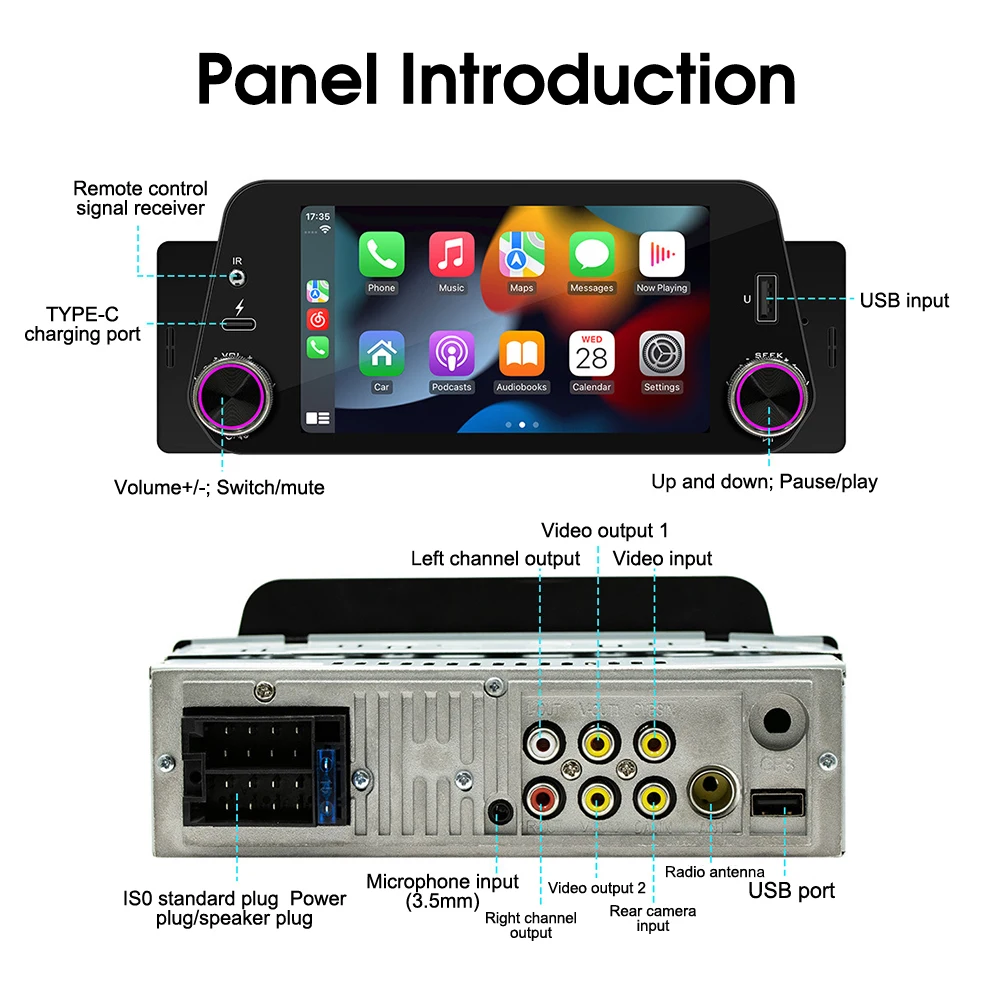 1Din Car Stereo Wireless CarPlay Android Auto Car Radio 5-Inch Touch Screen Bluetooth Handsfree Call USB Mirrorlink Audio System