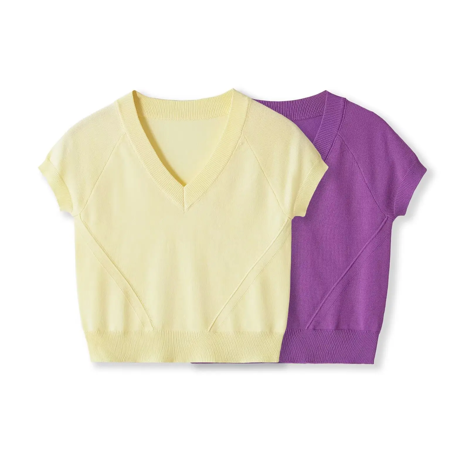 Vintage V Neck Knit Top Women Short Sleeve Raglan Sweater Summer Casual Solid Crop Knitted Vest Preppy Style Pullover