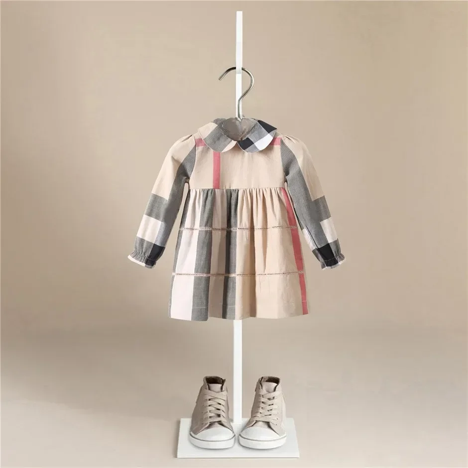 Luxury Girls Long Sleeve Plaid Dress Girls Autumn New Style Turndown Striped Sleeve Cotton Dress Kids Dresses for Girls