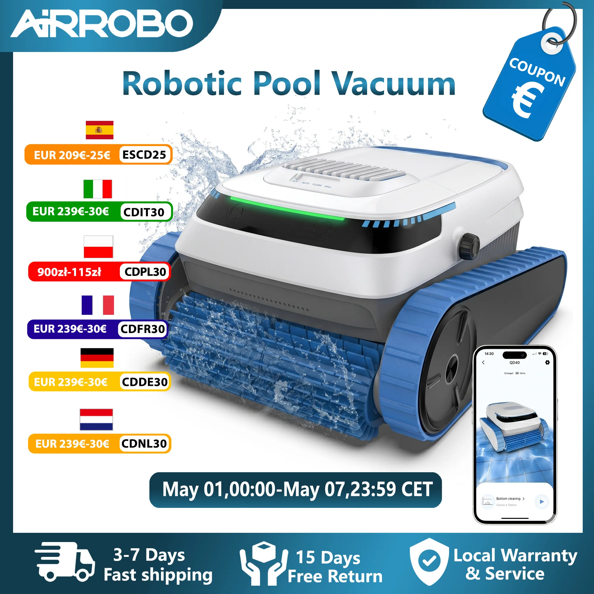 Robot nettoyeur de piscine intelligent AIRROBO PC20, contrôle à distance par application téléphonique, aspiration de 45000 Pa, stationnement automatique pour piscines jusqu'à 1800 pieds carrés.