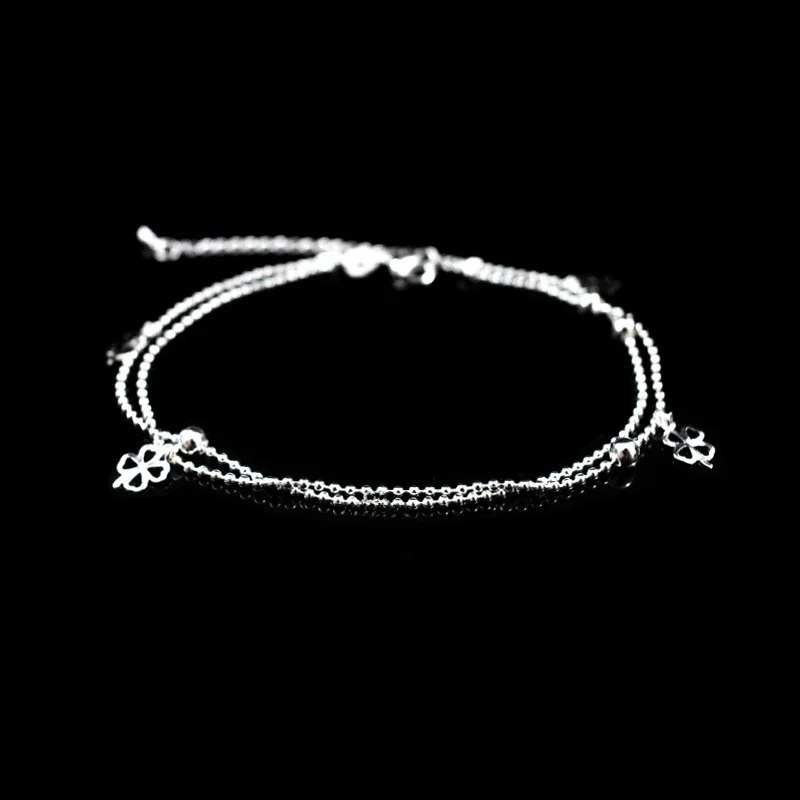 Najnowsza moda 925 Sterling Silver Double Layer Small Ball Chain Anklet Lucky Clover Pendant Anklets Bransoletka dla kobiet Biżuteria — zdjęcie 2