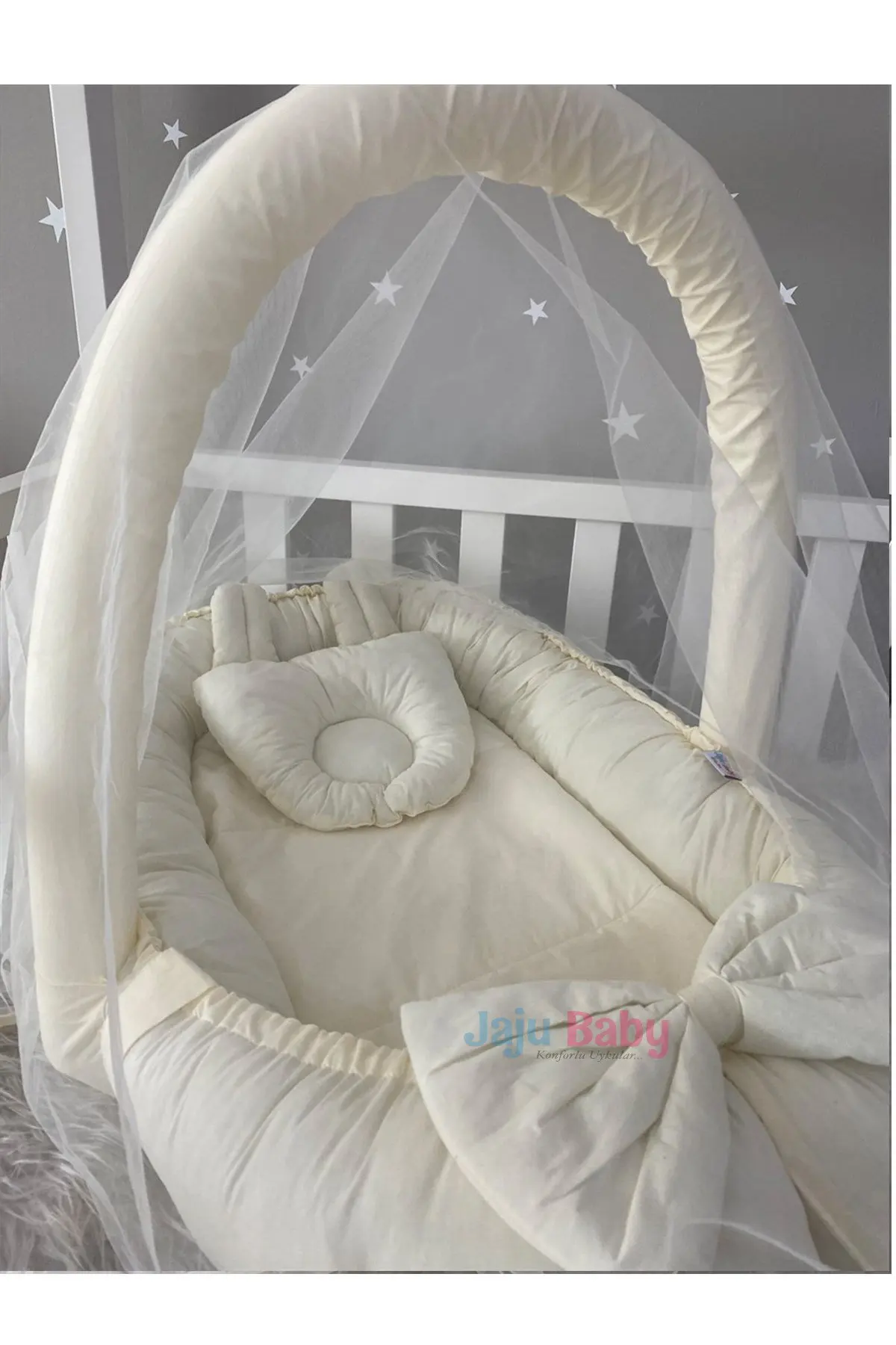 Handmade Cream Mosquito Net with Ears and Luxury Design Babynest with Toy Device