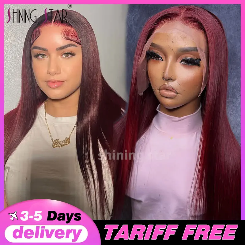 

99J Dark Burgundy Lace Front Human Hair Wig 34Inch 13X6 Straight Lace Frontal Wigs Hd Transparent Lace Colored Red Wig For Women