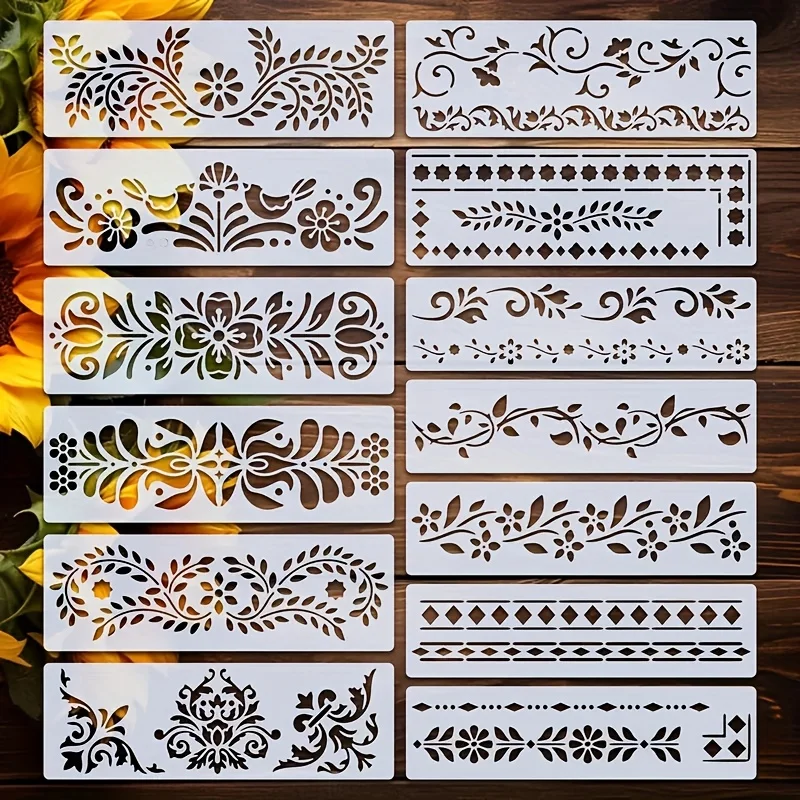 13개입 11.8인치 테두리 무늬 페인팅 스텐실 세트 재사용 가능한 플라스틱 템플릿 DIY 공예 벽 나무 천 장식용
