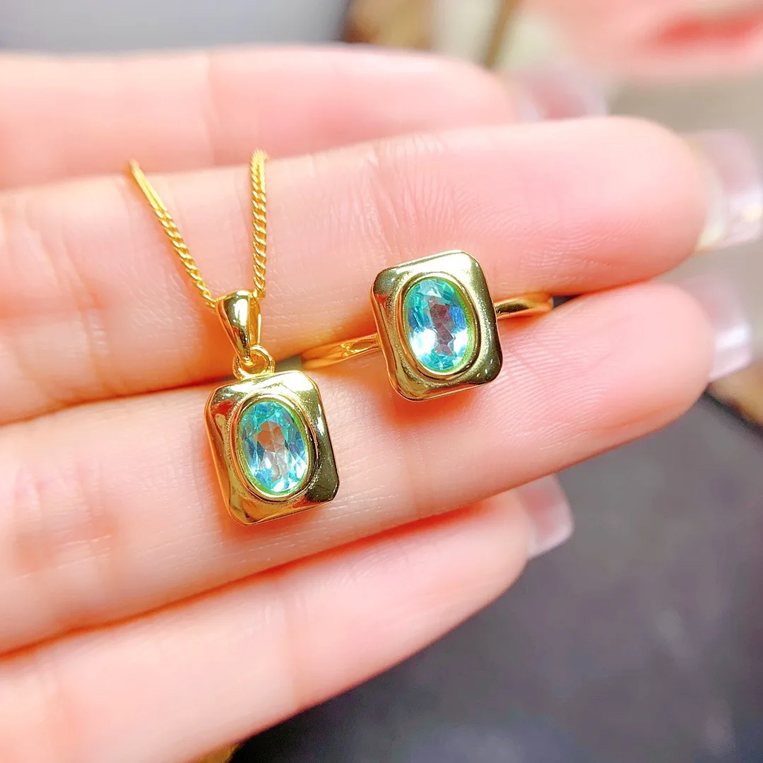 KJJEAXCMY Girls' Pure Natural 4x6mm Apatite Necklace Pendant Ring Set 925 Pure Silver Plated 18K Gold Christmas Gift Girlfriend