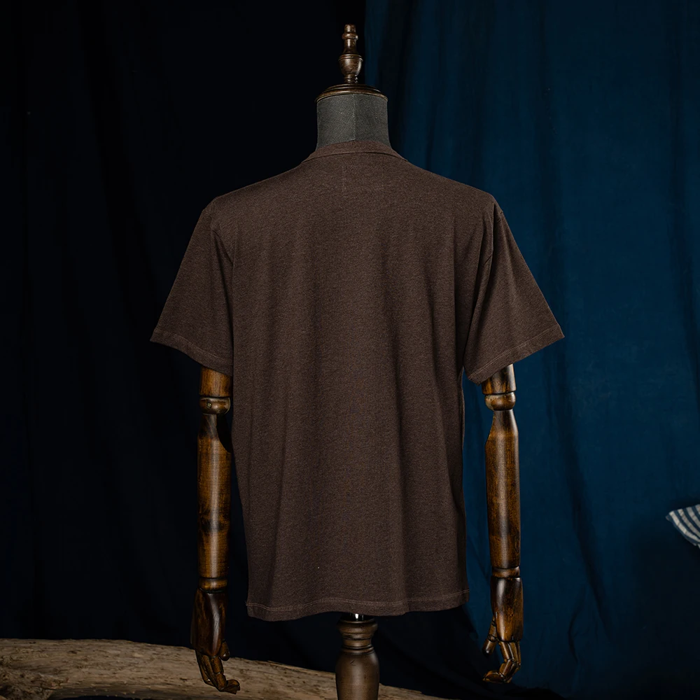 2025 New Summer Vintage Cotton Casual T-Shirt Men Brown Short Sleeve T-Shirt Basic Soild Round Neck Pocket T-Shirt