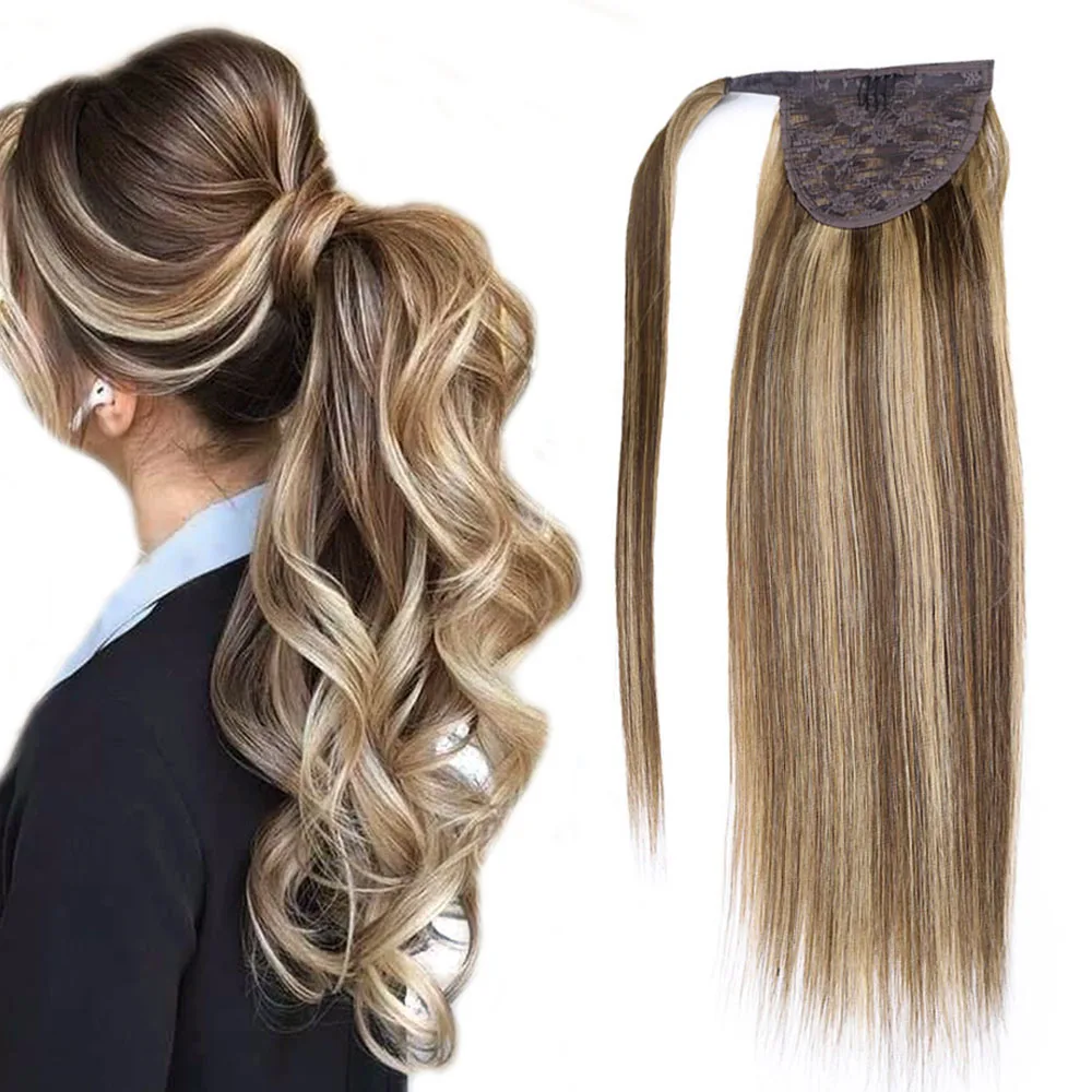 Human Hair Ponytail Extension Medium Brown Balayage Caramel Blonde Clip in Ponytail Extensions Pony Tails Hair Extension 18