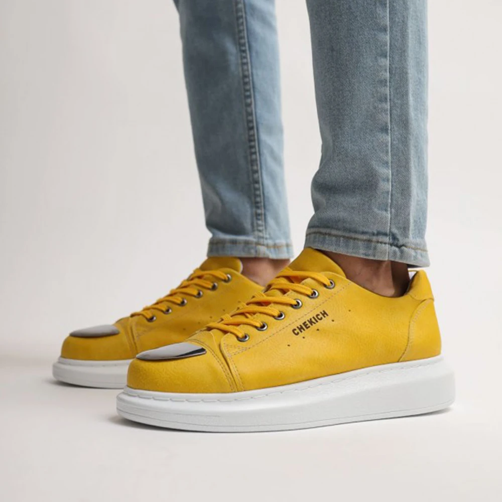 FOH Store Sneakers for Men Women YELLOW Artificial Leather 2023 Spring Autumn Casual Lace Up Fashion Shoes High Base Sport Comfortable Light Vulcanized Daily Original Canvas Odorless Orthopedic Suits Office Wedding 175
