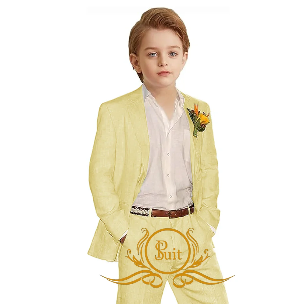 

Solid Color Linen Boys Suit 2 Piece Jacket Pants Set Summer Beach Wedding Boy Tuxedos Prom Party Blazer Suits