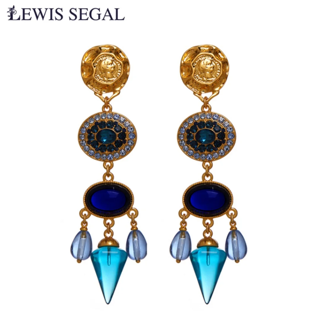 

LEWIS SEGAL Blue Black Gemstone Long Dangle Earrings for Women Girl Luxury Medieval Style Vintage Fine Jewelry 18K Gold Party