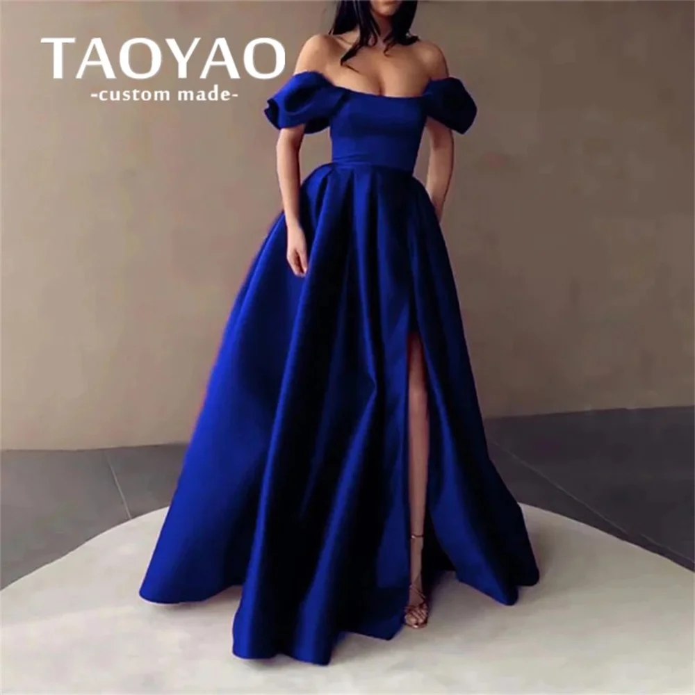 

Royal Blue A-Line Prom Dresses Strapless Off the Shoulder Split-Front Evening Dresses Satin Pleated Formal Gowns Robes De Soirée