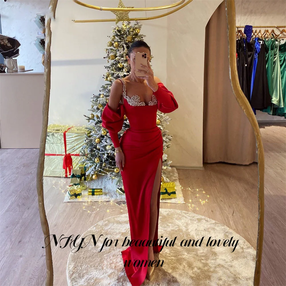 

NFYN Spaghetti Strap Party Dress Vintage Red Mermaid Night Dress Sequin Celebrity Dress with Slit vestidos de fiesta Customized