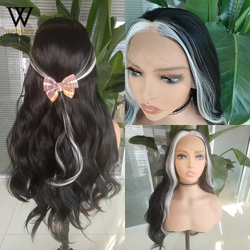 

Webster Wigs Synthetic Lace Front Wigs Black Highlight White Long For Women With Baby Hair Heat Resistant Fiber Hair Daily Wear