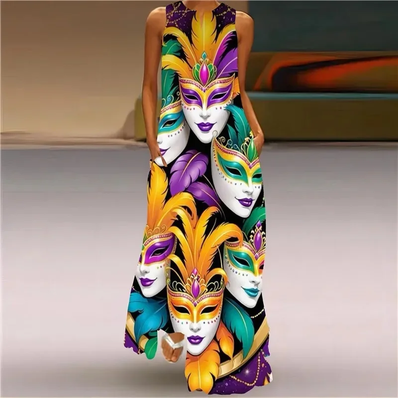 Mardi Gras Y'All Carnival Party Women Dress 2025 Sexy Sleeveless V-neck Print Long Dress Casual Evening Maxi Dresses Summer Robe — zdjęcie 2