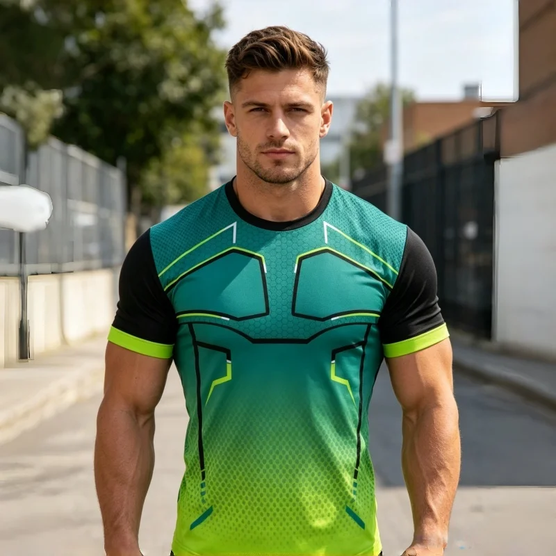 Men's Cyberpunk Armor Teal Neon Green Gradient Compression T-Shirt Muscle Fit Crew Neck Short Sleeve Quick Dry Stretch Breathabl