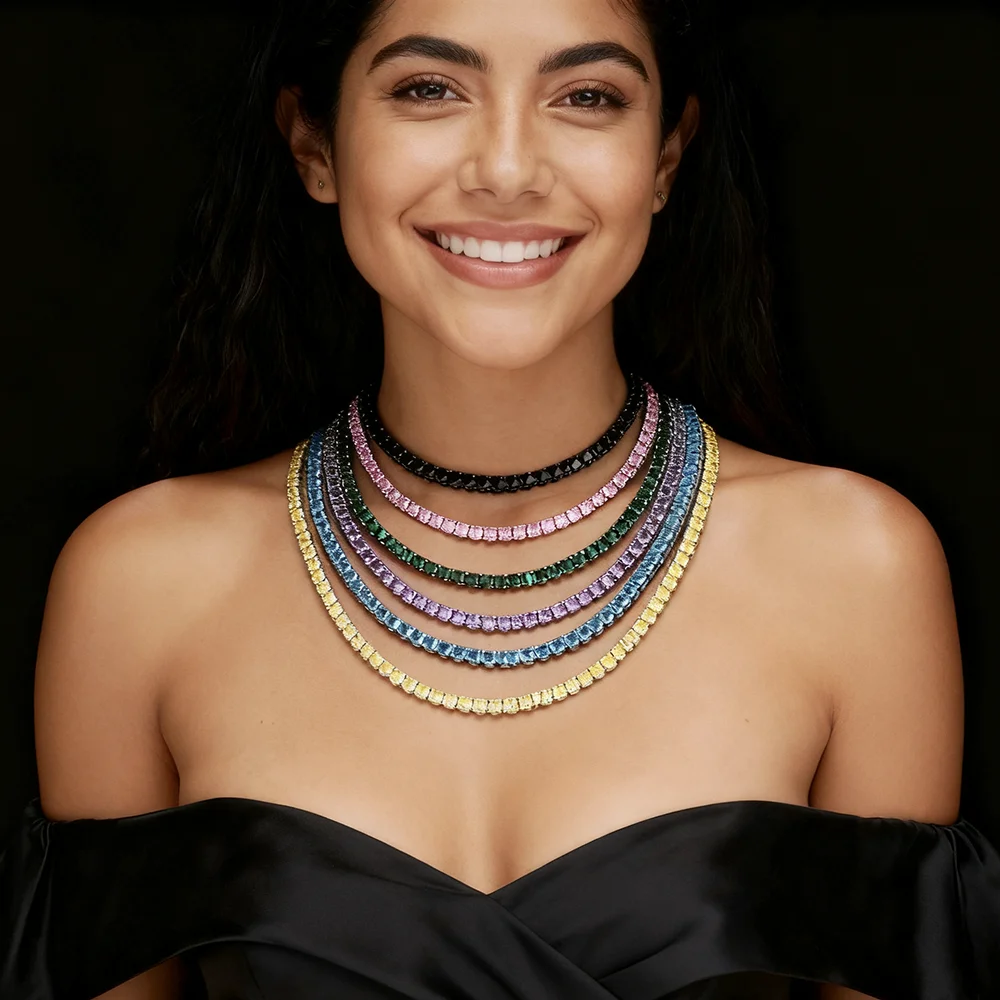 

YLMyself Gothic 4mm Color Tennis Chain Necklace Black Pink Aqua Blue Purple Green Yellow CZ Hiphop Rock Unisex Copper Jewelry