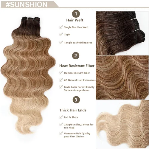 Imagen 2 del producto Mechones de pelo ondulado marrón ombré, 30 pulgadas, 200 gramos, resaltado, Rubio Piano SP27/613, extensiones de cabello sintético de alta temperatura