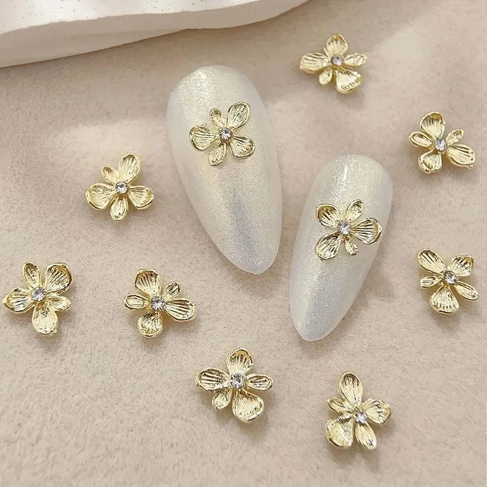 Breloques pour ongles en alliage métallique 3D, fleur en strass doré, fleur lilas scintillante, or, argent, motif Floral avec diamants, gemmes, 10 pièces