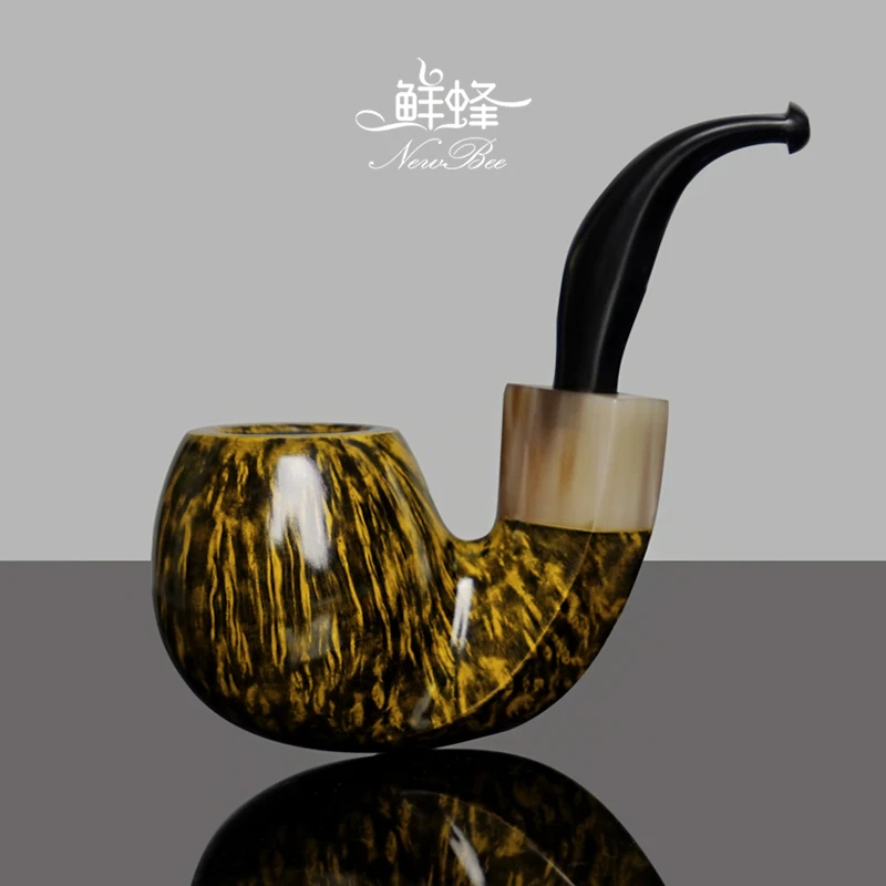 MUXIANG Handmade briar wood tobacco pipe ，Oom paul pipe shape and design being able to smoke in chin rest，horn ring decoration