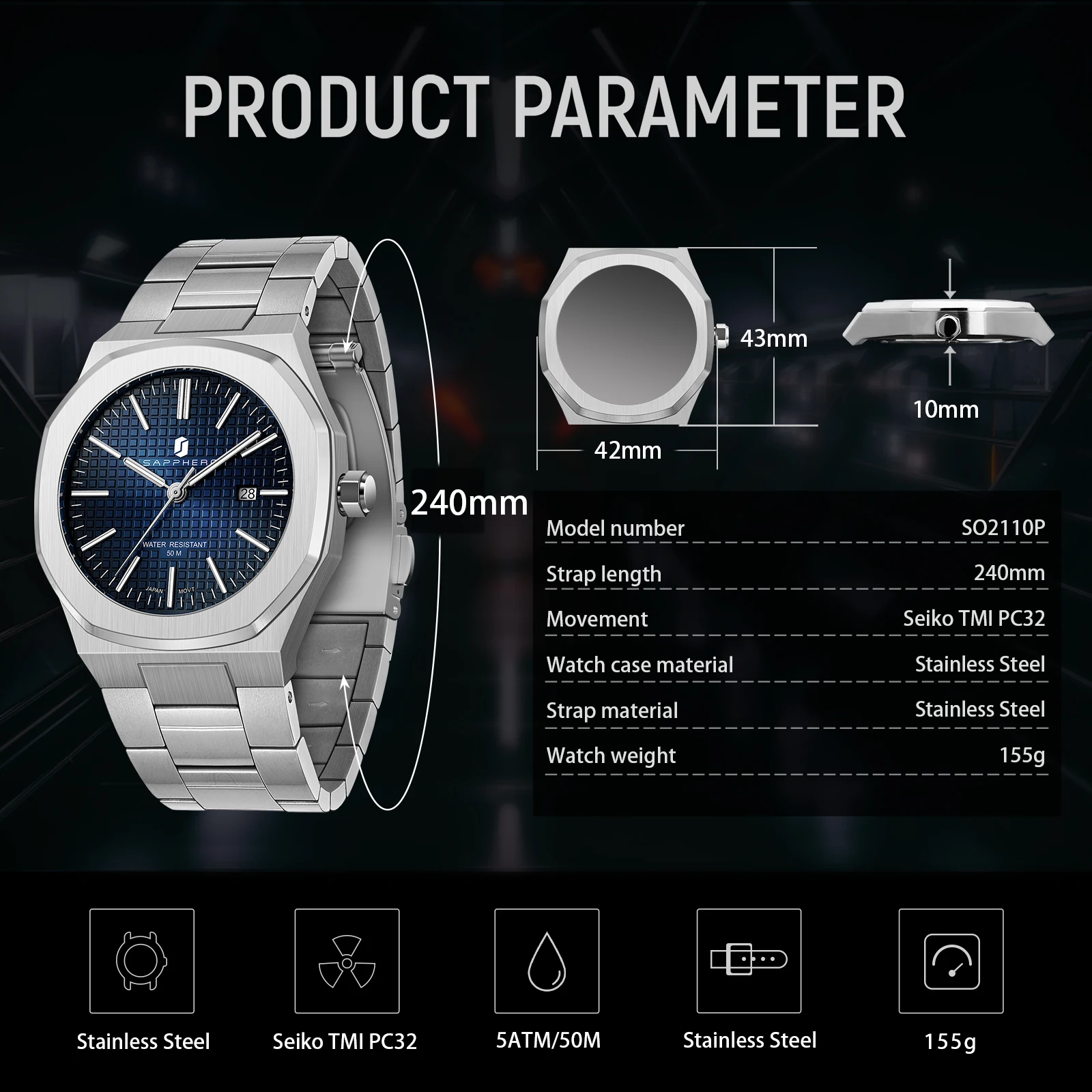 SAPPHERO Luxury Business Men\'s Watch Stainless Steel Waterproof Watch For Men Glowing Hand Date Function Tough Men Gift Watch
