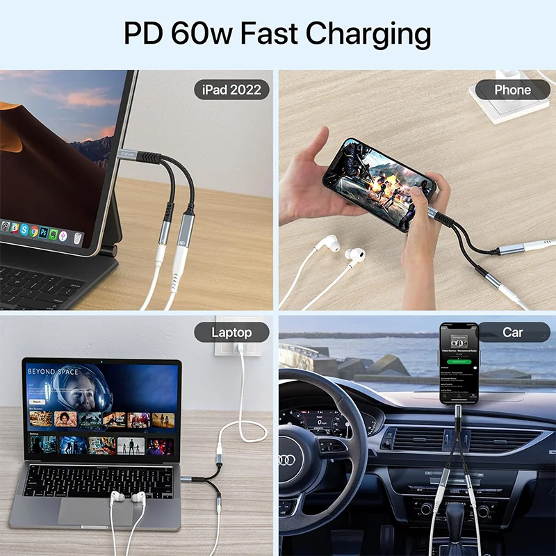 2 في 1 USB C الفاصل إلى 3.5 مللي متر مقبس سماعة الرأس ومحول شاحن PD 60 واط شحن سريع الصوت دونغل آيفون 15/16 سامسونج شيا