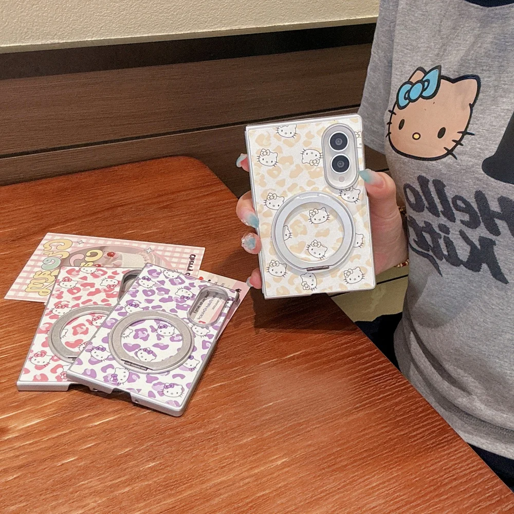 Fashion Cartoon Cat Leopard Print Phone Case for Samsung Galaxy Z Fold 8 Fold 8 Ultra Anti‑Fall Cover with MagSafe Holder Kawaii