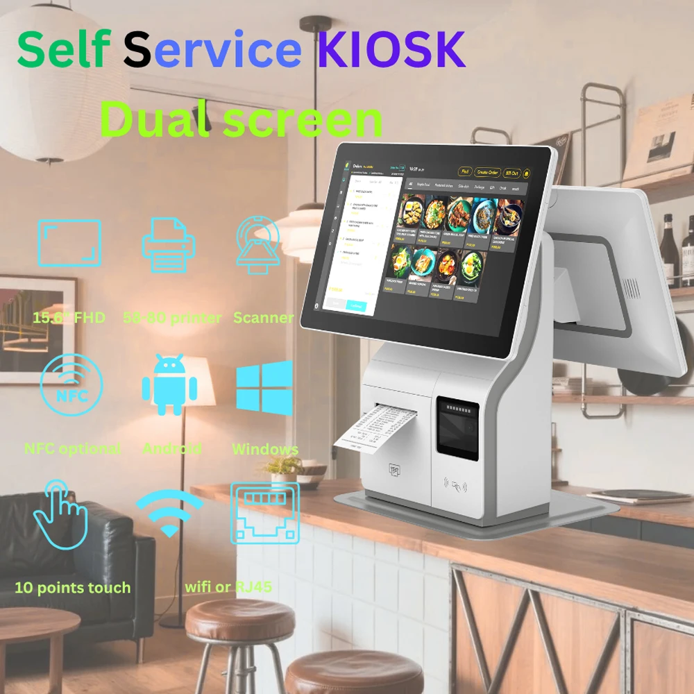 

Self Service KIOSK 15.6" FHD Dual screen (landscape), Android or Windows w Printer,scanner, 10 points touch screen, NFC optional