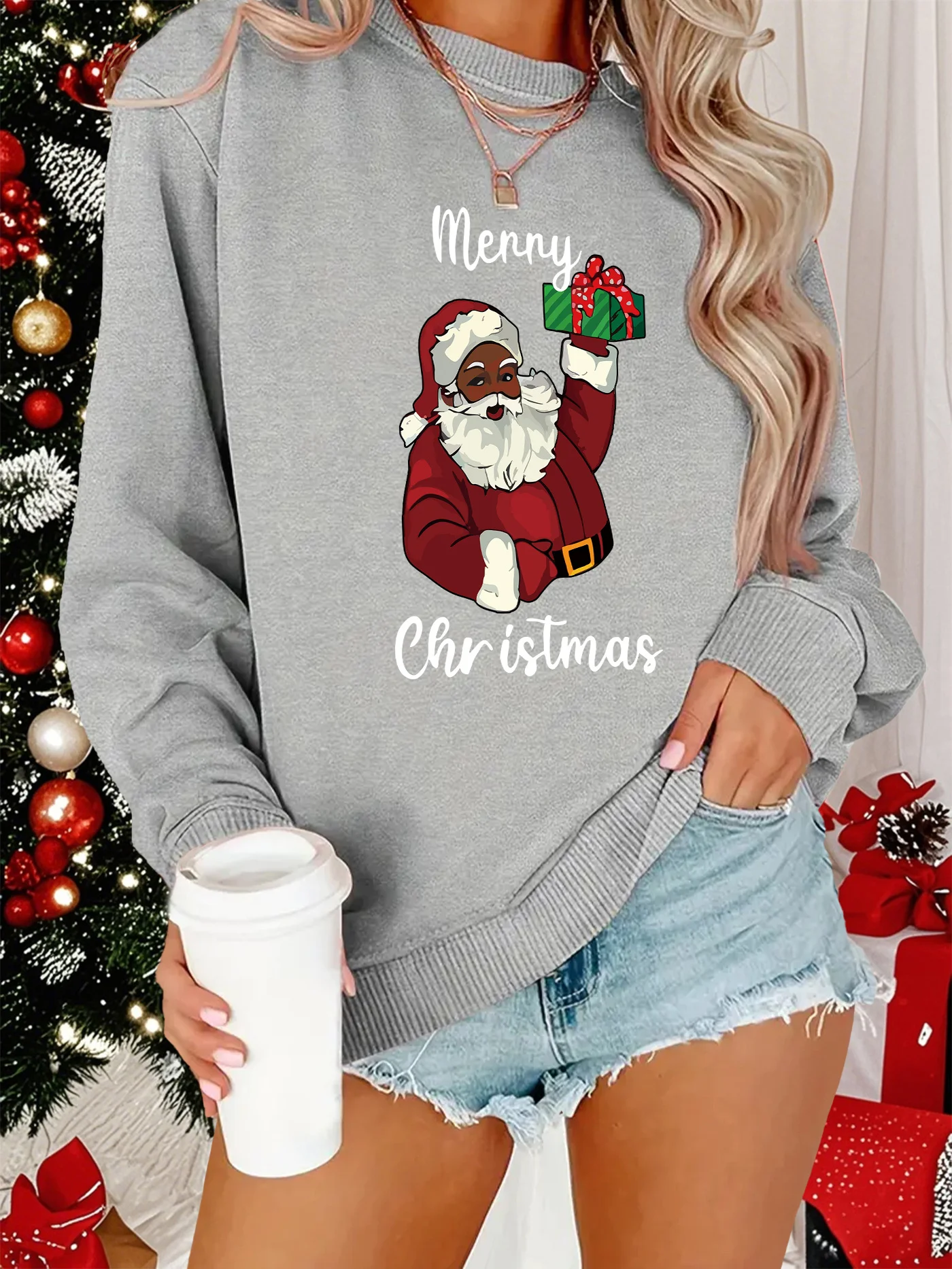 Weihnachten Weihnachtsmann Grafik Sweatshirt, Damen Plus Size Langarm Rundhalsausschnitt, Weihnachtskleidung, Unisex Streetwear Top