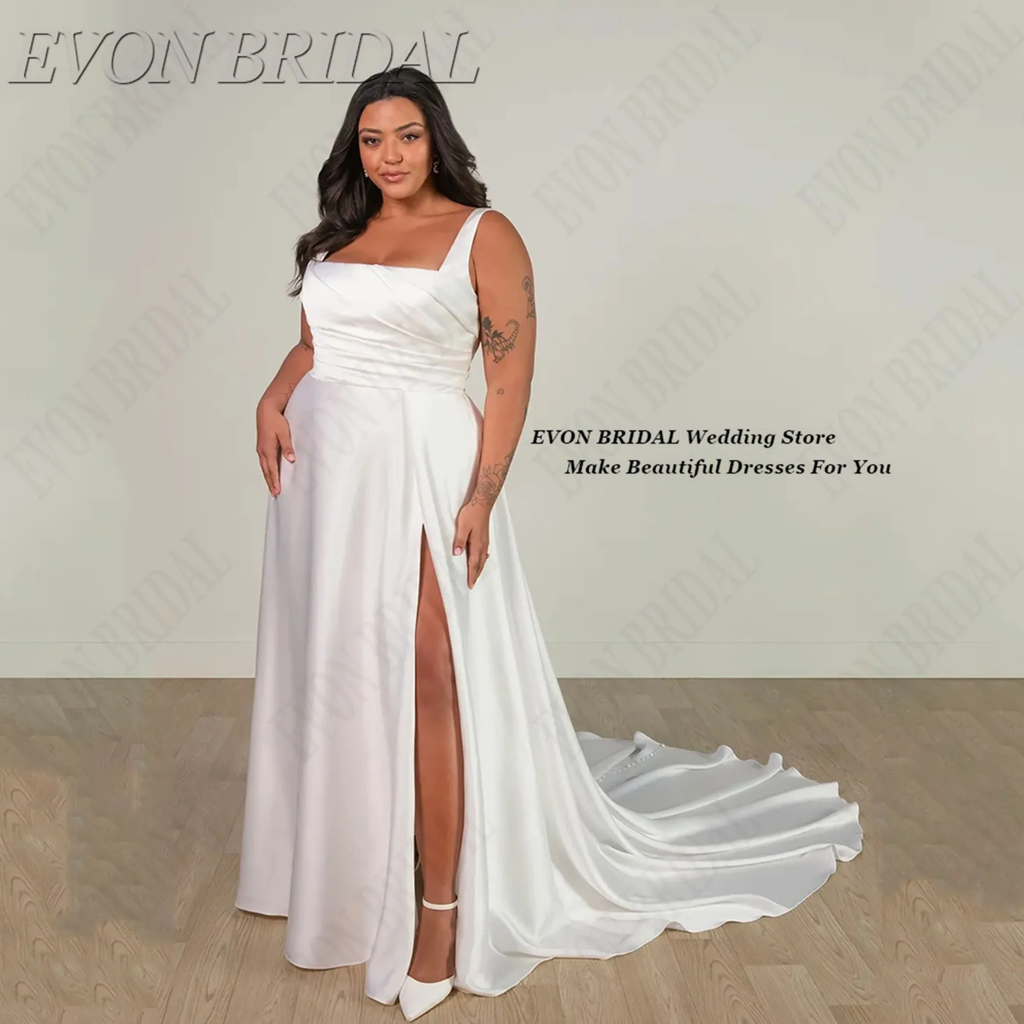 

Simple Satin Spaghetti Straps Bride Dress Plus Sizes Side Split Backless Wedding Dress Square Collar Customized EVON BRIDAL